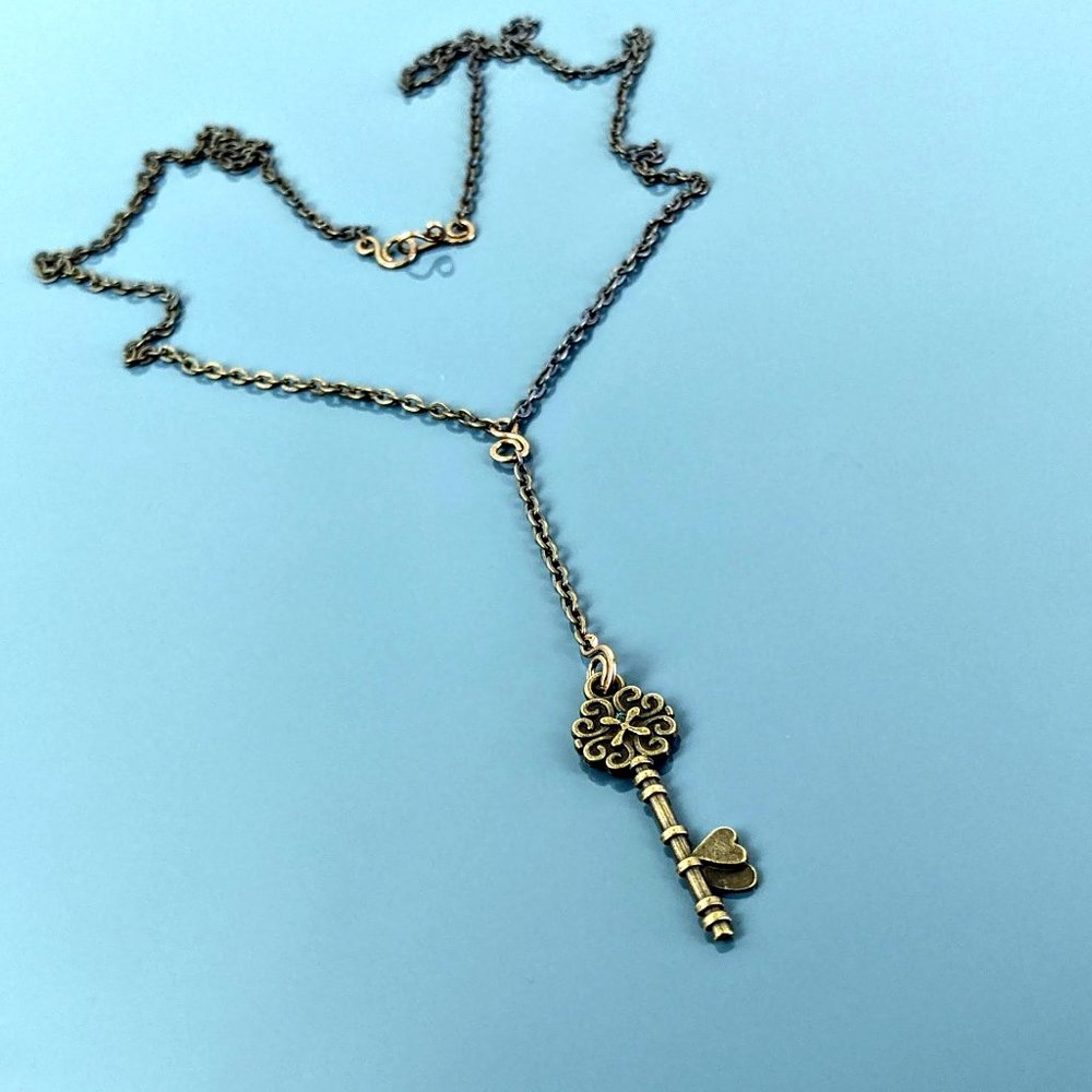 Long Boho Heart Key Necklace in bronze